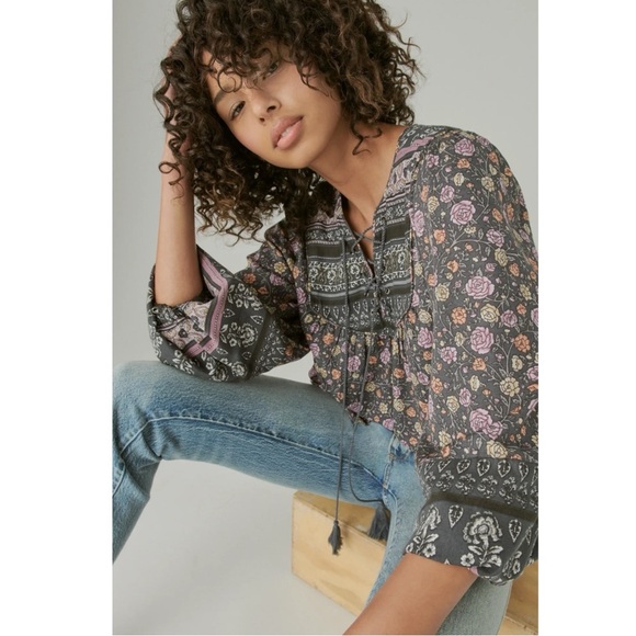 Lucky Brand Bohemian Hippie Retro 70s Lace Up Peasant Blouse Size Large - Picture 4 of 15